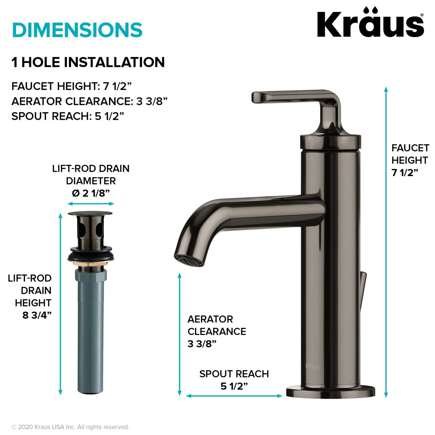 KRAUS Ramus Single Handle Bathroom Sink Faucet with Lift Rod Drain in Gunmetal - **Discontinued **
