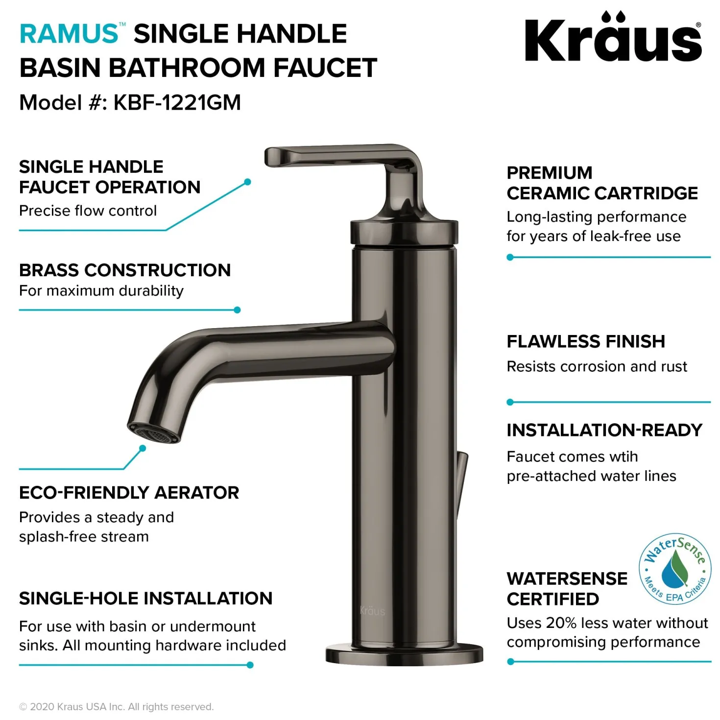 KRAUS Ramus Single Handle Bathroom Sink Faucet with Lift Rod Drain in Gunmetal - **Discontinued **