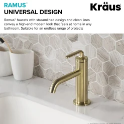 KRAUS Ramus Single Handle Bathroom Sink Faucet with Lift Rod Drain in Brushed Gold
