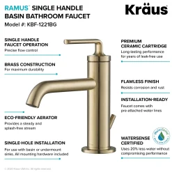 KRAUS Ramus Single Handle Bathroom Sink Faucet with Lift Rod Drain in Brushed Gold