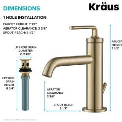 KRAUS Ramus Single Handle Bathroom Sink Faucet with Lift Rod Drain in Brushed Gold