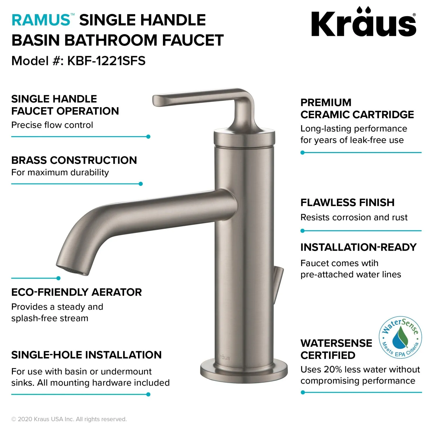 KRAUS Ramus Single Handle Bathroom Sink Faucet with Lift Rod Drain in Spot Free Stainless Steel
