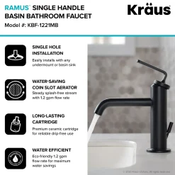 KRAUS Ramus Single Handle Bathroom Sink Faucet with Lift Rod Drain in Matte Black