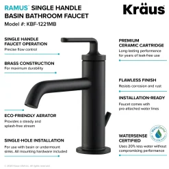 KRAUS Ramus Single Handle Bathroom Sink Faucet with Lift Rod Drain in Matte Black