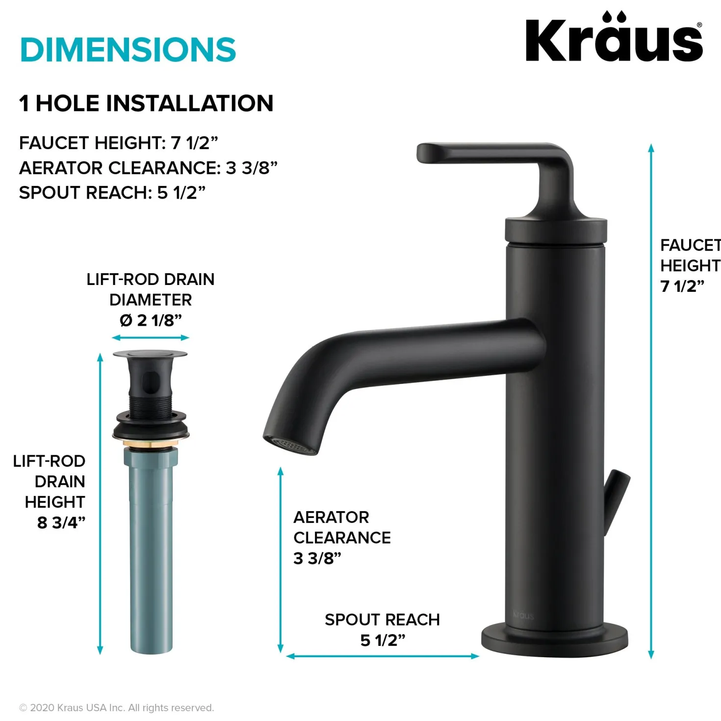 KRAUS Ramus Single Handle 2-Pack Bathroom Sink Faucet with Lift Rod Drain in Matte Black