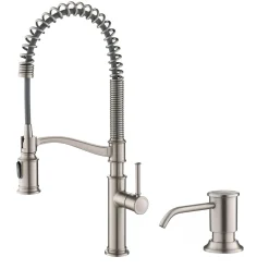 KRAUS Sellette Commercial Style Pull-Down Kitchen Faucet with Deck Plate and Soap Dispenser in Spot Free Stainless Steel