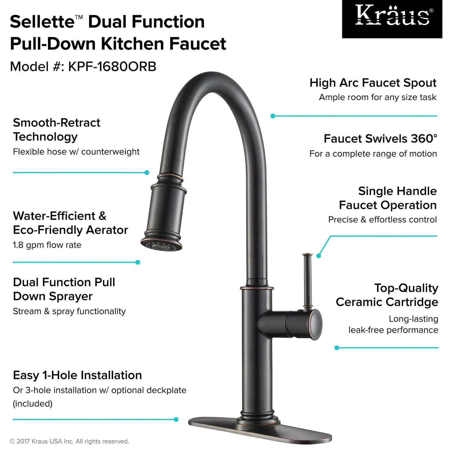 KRAUS Sellette Single Handle Pull Down Kitchen Faucet with Deck Plate and Soap Dispenser in Oil Rubbed Bronze