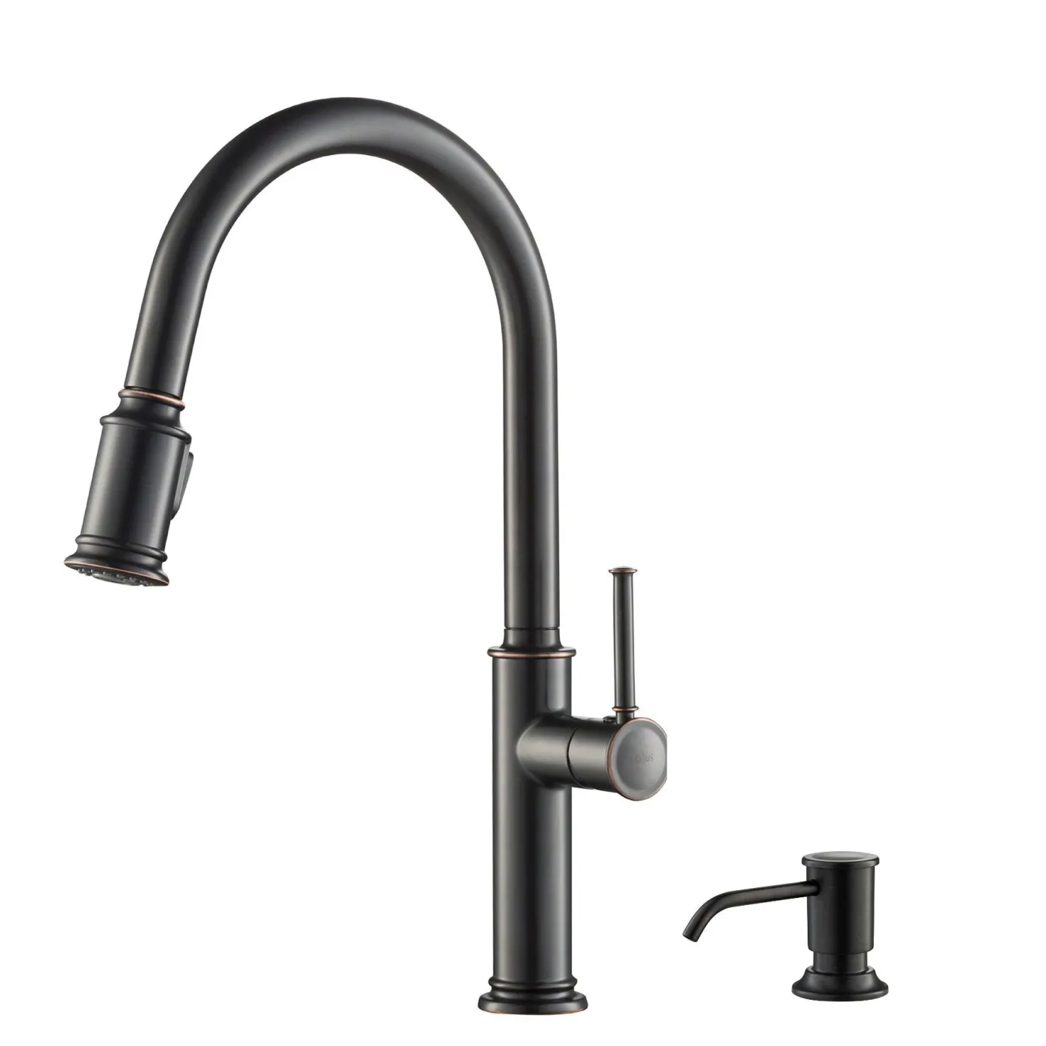 KRAUS Sellette Single Handle Pull Down Kitchen Faucet with Deck Plate and Soap Dispenser in Oil Rubbed Bronze