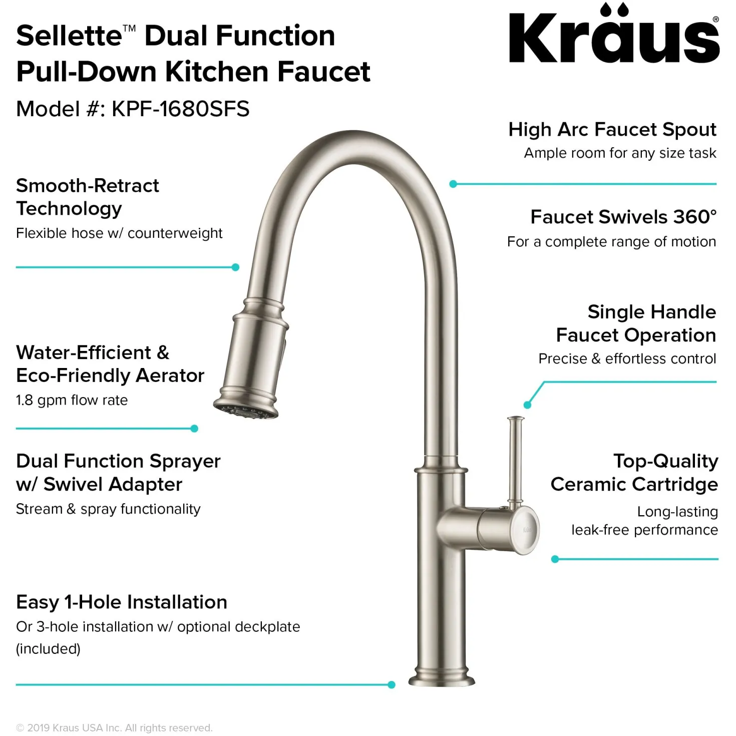 KRAUS Sellette Single Handle Pull Down Kitchen Faucet with Deck Plate and Soap Dispenser in Spot Free Stainless Steel
