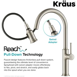 KRAUS Sellette Single Handle Pull Down Kitchen Faucet with Deck Plate and Soap Dispenser in Spot Free Stainless Steel