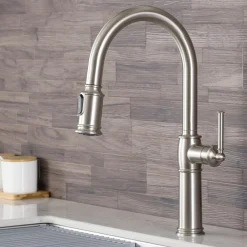 KRAUS Sellette Traditional Single Handle Pull-Down Kitchen Faucet with Soap Dispenser and Deck Plate in Spot Free Stainless Steel