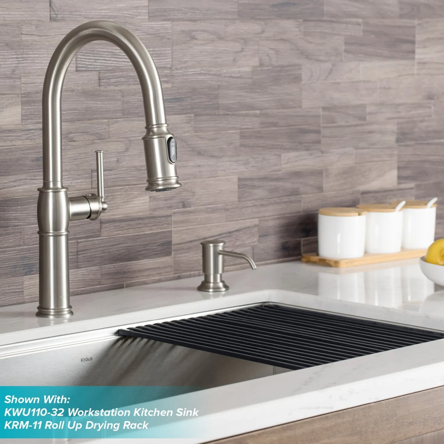 KRAUS Sellette Traditional Single Handle Pull-Down Kitchen Faucet with Soap Dispenser and Deck Plate in Spot Free Stainless Steel