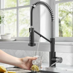 KRAUS Single Handle Kitchen Faucet with Integrated Dispenser for Water Filtration in Spot-Free Stainless Steel & Matte Black