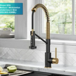 KRAUS Single Handle Kitchen Faucet with Integrated Dispenser for Water Filtration in Brushed Brass & Matte Black