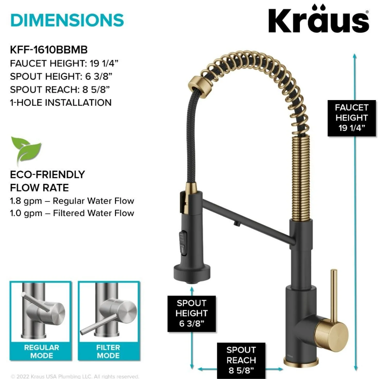 KRAUS Single Handle Kitchen Faucet with Integrated Dispenser for Water Filtration in Brushed Brass & Matte Black