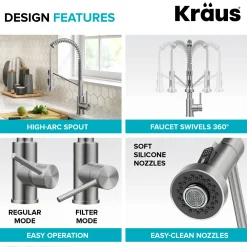 KRAUS Single Handle Kitchen Faucet with Integrated Dispenser for Water Filtration in Spot Free Stainless Steel