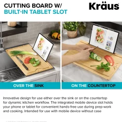 KRAUS Solid Bamboo Cutting Board with Mobile Device Holder for most Standard Kitchen Sinks