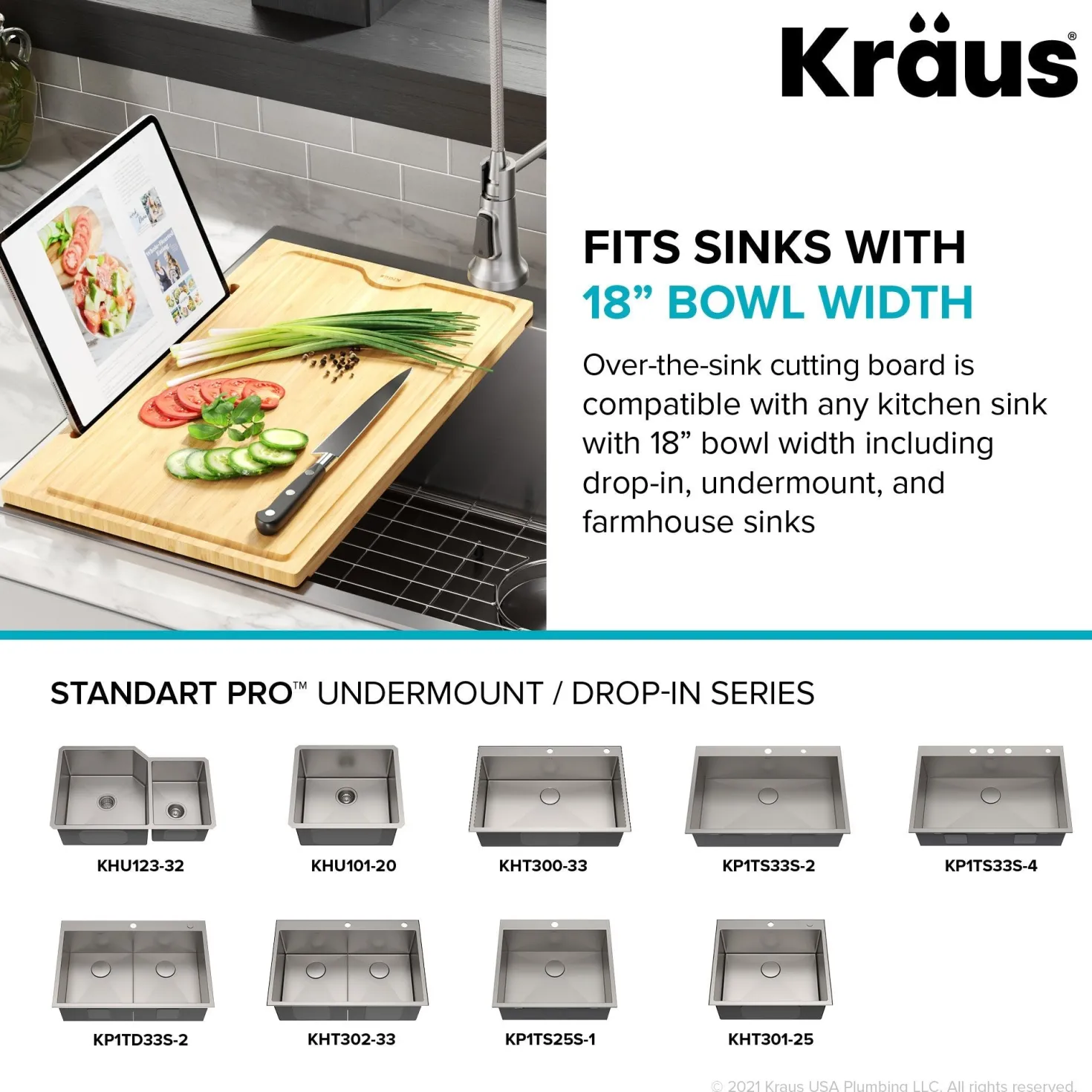 KRAUS Solid Bamboo Cutting Board with Mobile Device Holder for most Standard Kitchen Sinks