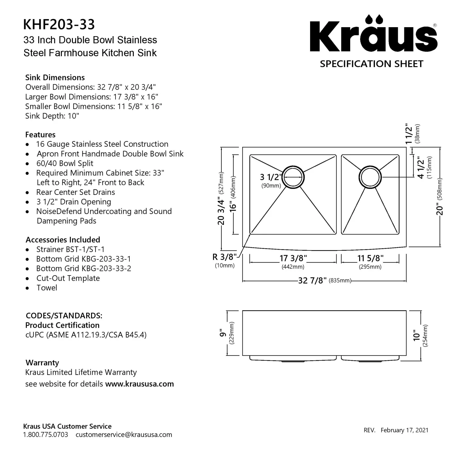 KRAUS Standart PRO 33" 16 Gauge 60/40 Double Bowl Stainless Steel Farmhouse Kitchen Sink