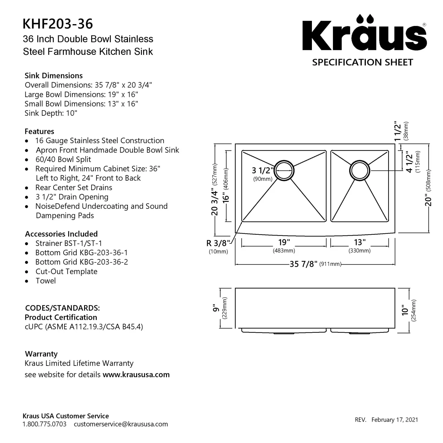 KRAUS Standart PRO 36" 16 Gauge 60/40 Double Bowl Stainless Steel Farmhouse Kitchen Sink