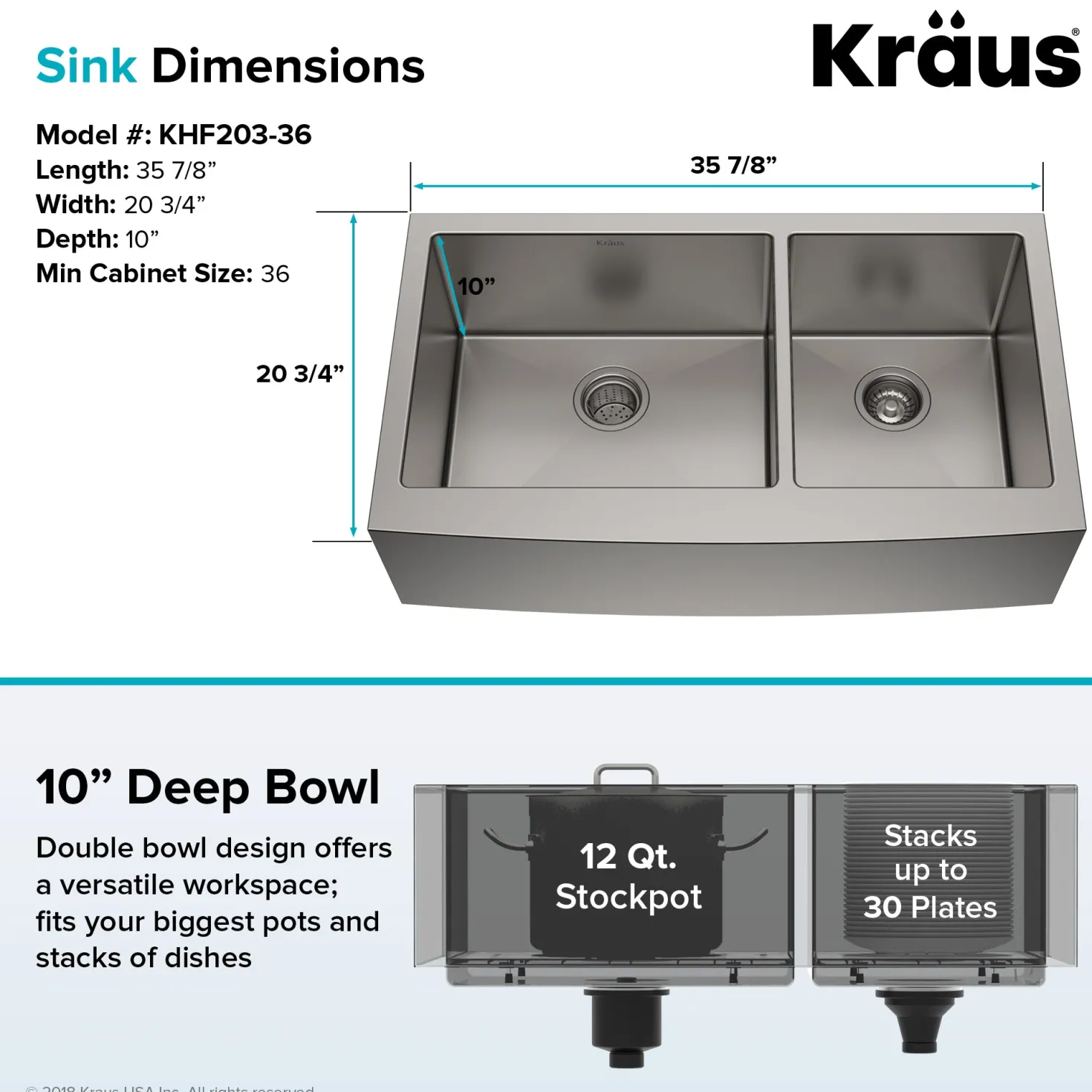 KRAUS Standart PRO 36" 16 Gauge 60/40 Double Bowl Stainless Steel Farmhouse Kitchen Sink