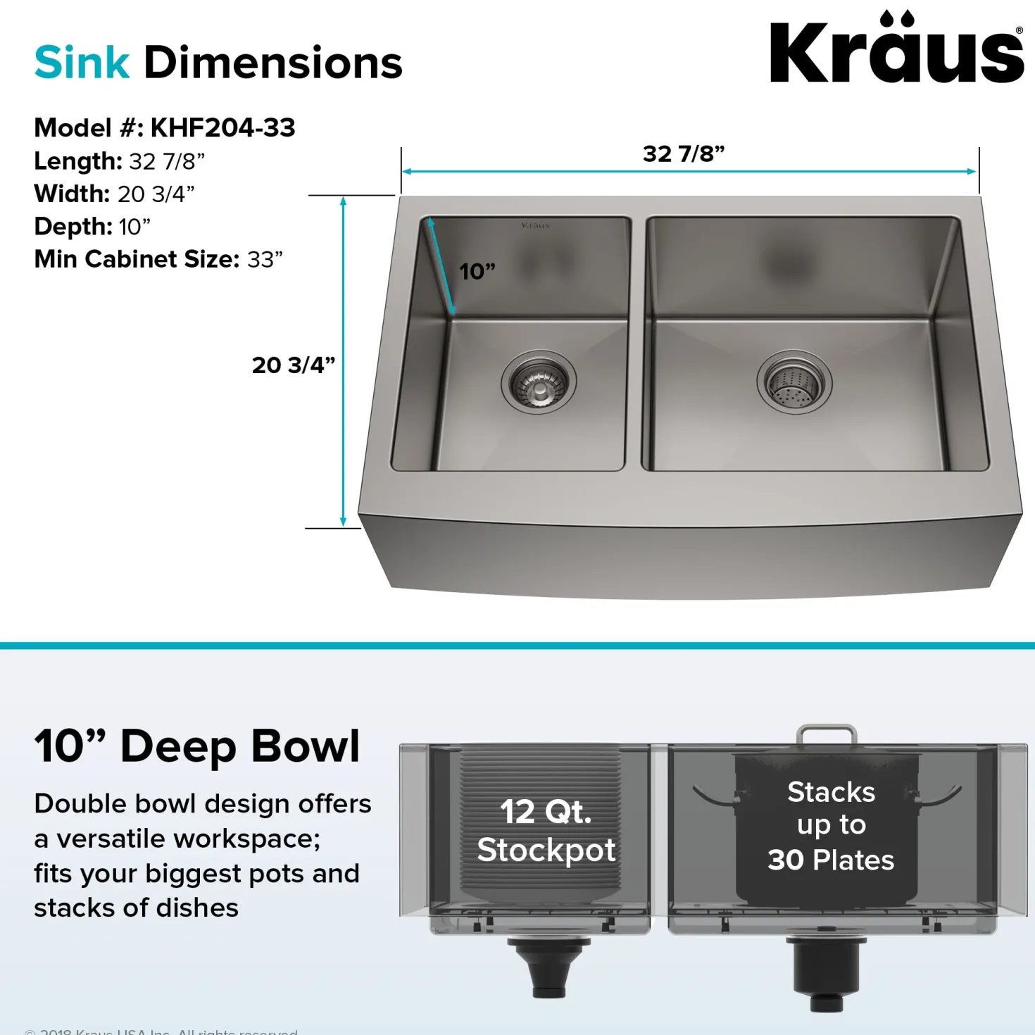 KRAUS Standart PRO 33" 16 Gauge 40/60 Double Bowl Stainless Steel Farmhouse Kitchen Sink in Stainless Steel
