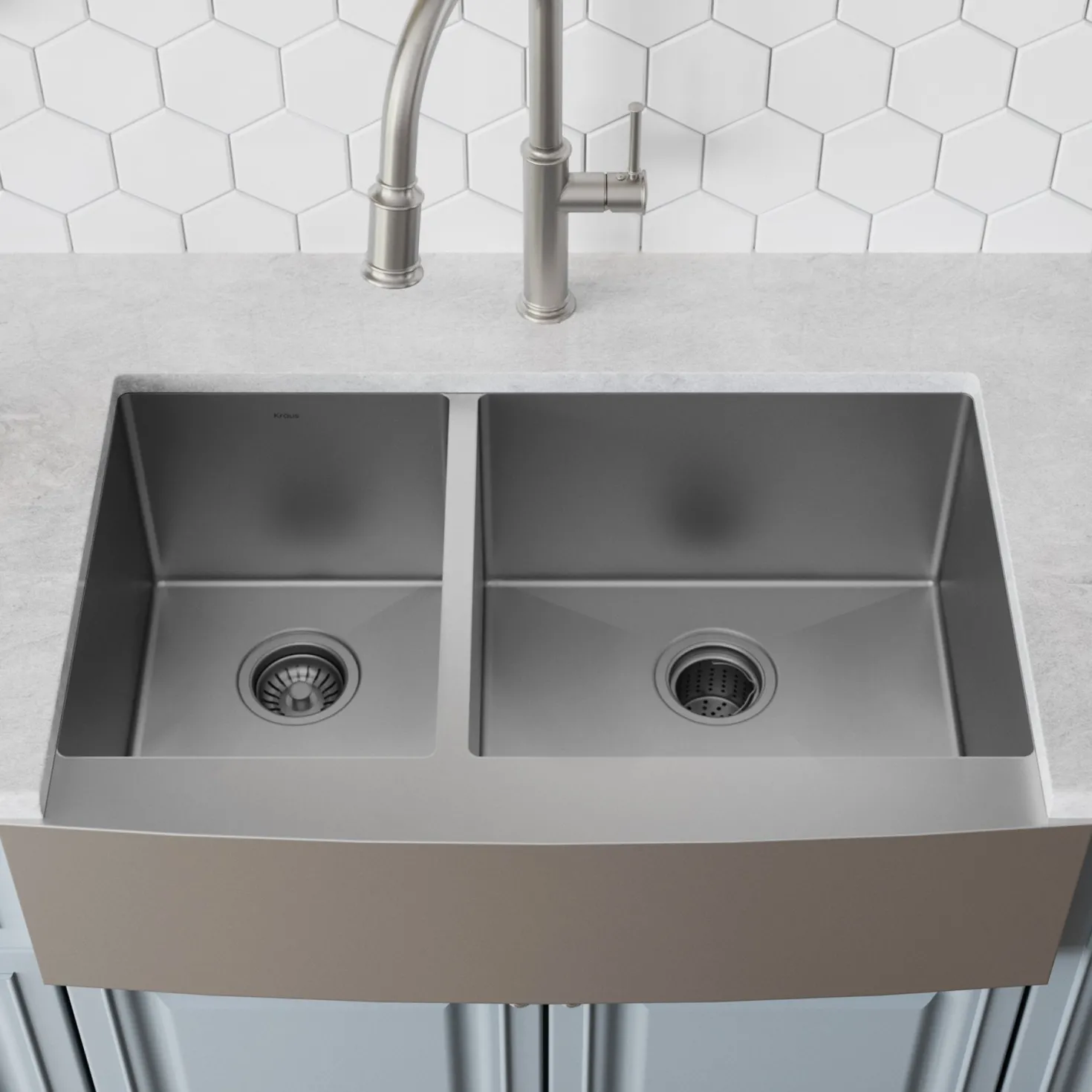 KRAUS Standart PRO 33" 16 Gauge 40/60 Double Bowl Stainless Steel Farmhouse Kitchen Sink in Stainless Steel