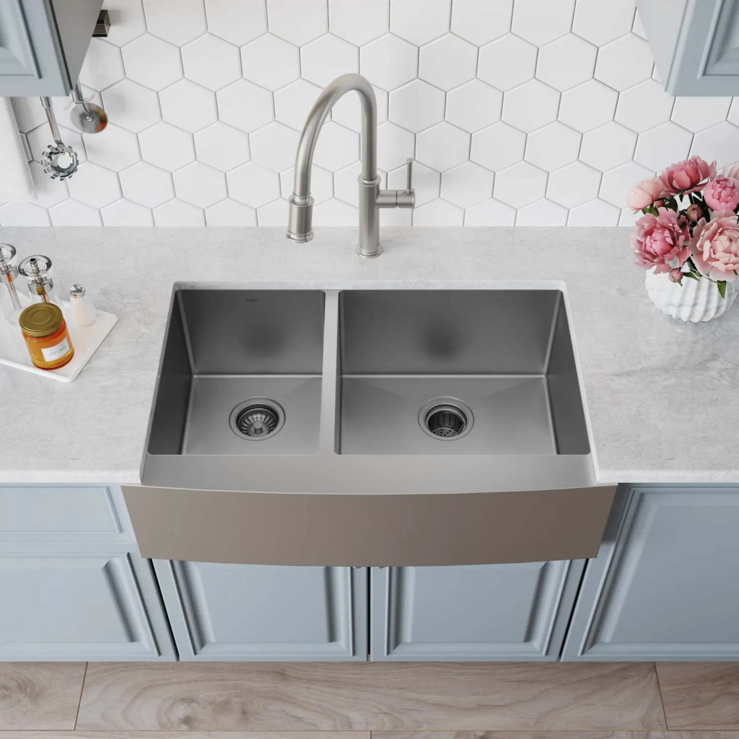 KRAUS Standart PRO 33" 16 Gauge 40/60 Double Bowl Stainless Steel Farmhouse Kitchen Sink in Stainless Steel