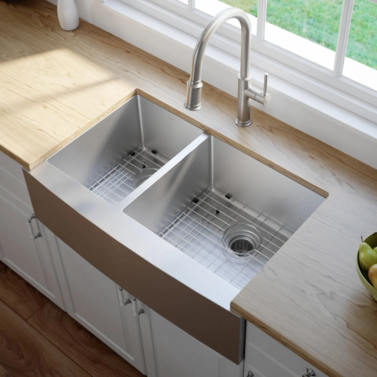 KRAUS Standart PRO 33" 16 Gauge 40/60 Double Bowl Stainless Steel Farmhouse Kitchen Sink in Stainless Steel