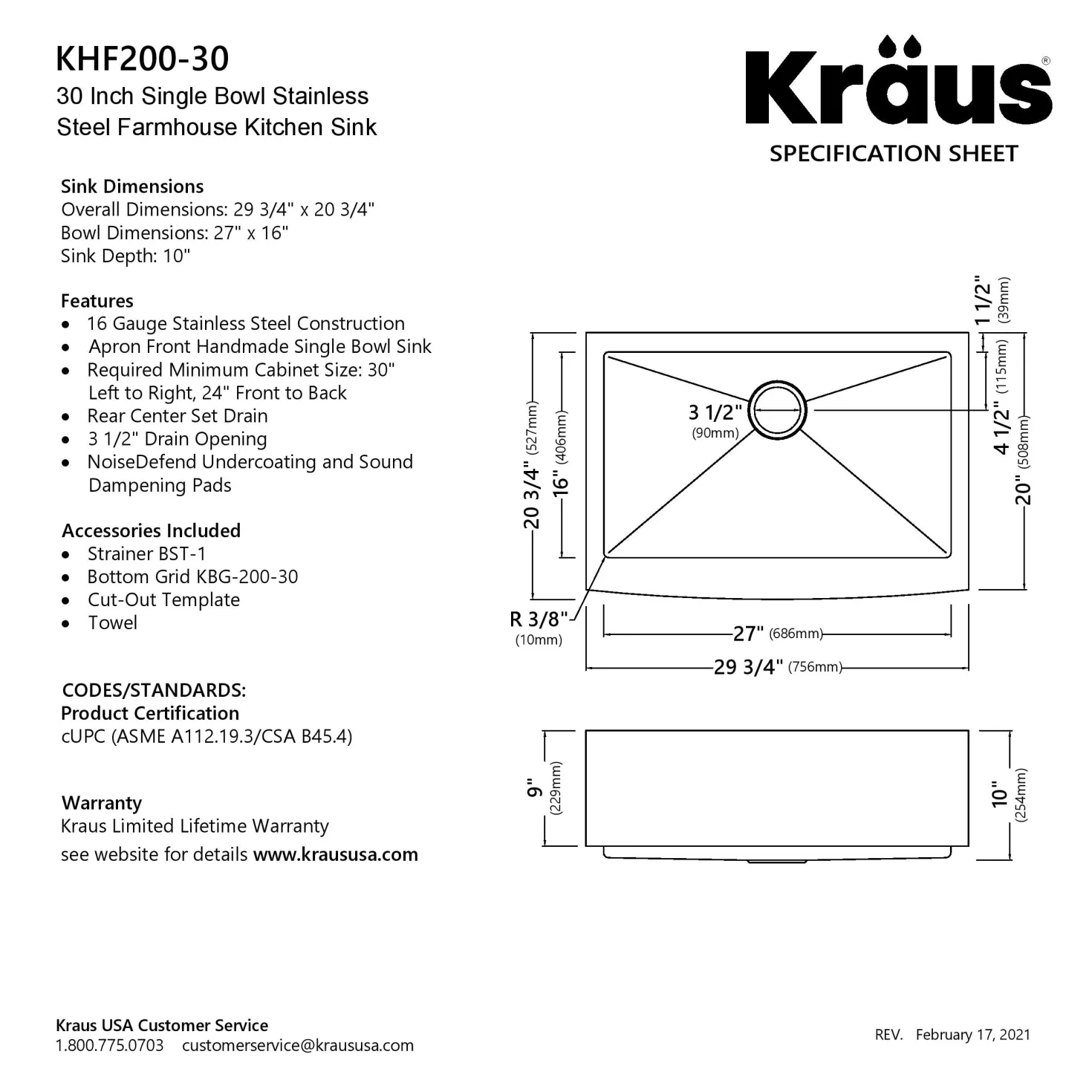 KRAUS Standart PRO 30" 16 Gauge Single Bowl Stainless Steel Farmhouse Kitchen Sink