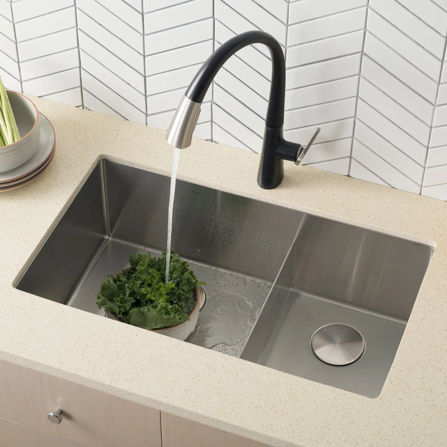 KRAUS Standart PRO 32" 16 Gauge Undermount 60/40 Low Divider Double Bowl Stainless Steel Kitchen Sink