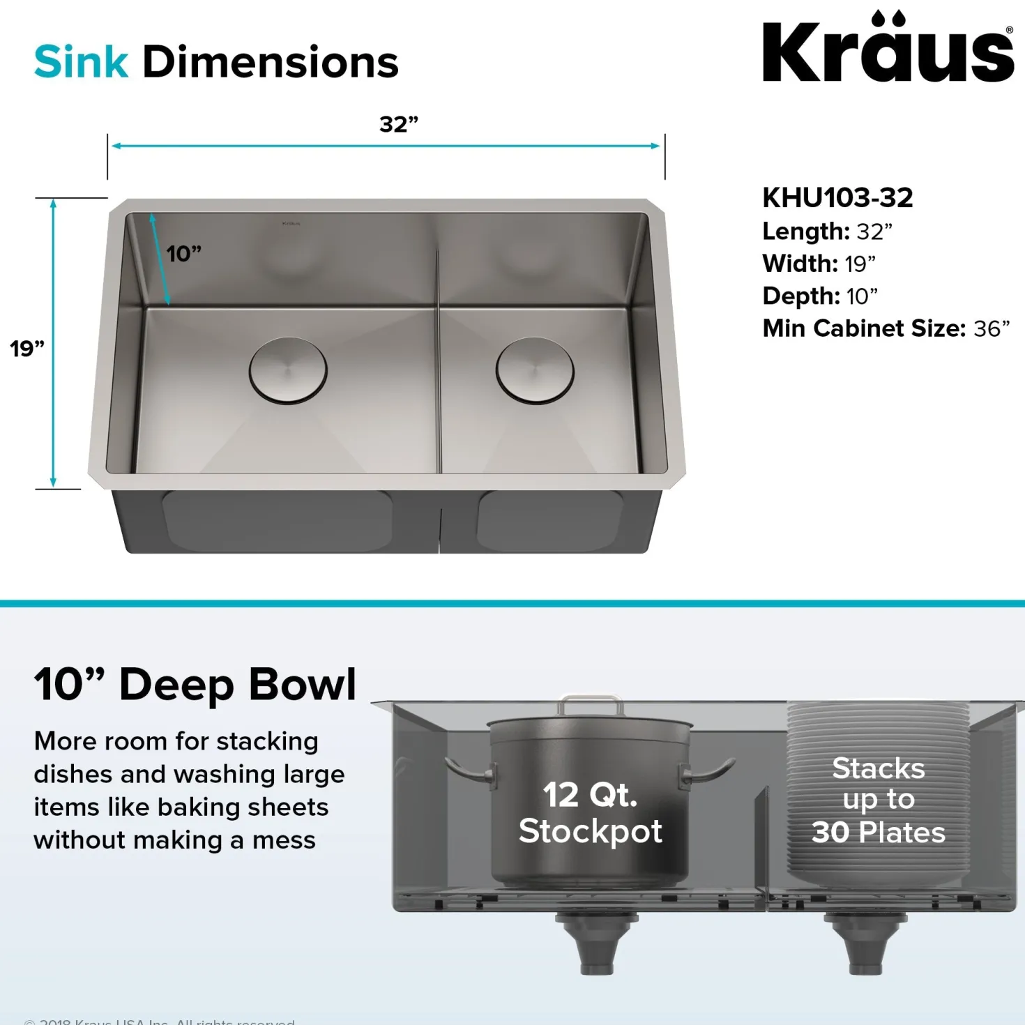 KRAUS Standart PRO 32" 16 Gauge Undermount 60/40 Low Divider Double Bowl Stainless Steel Kitchen Sink