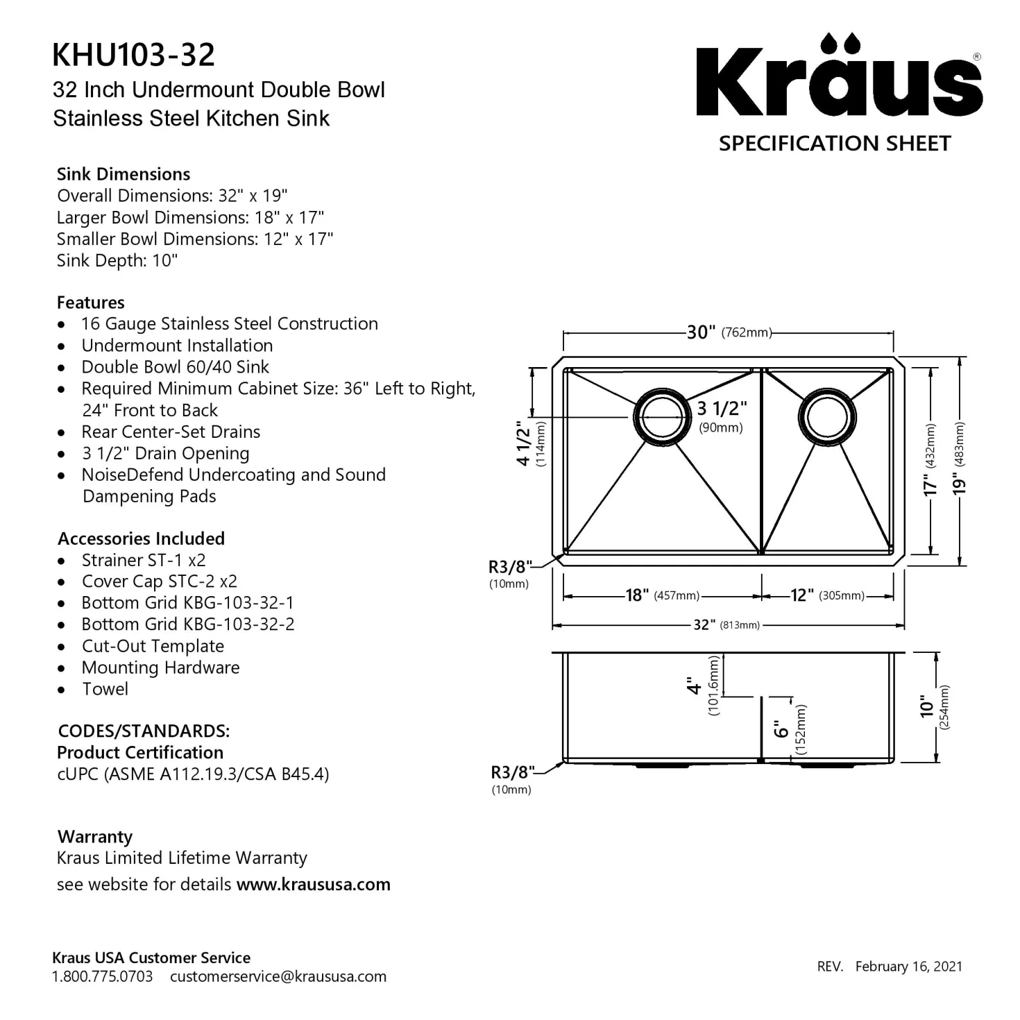 KRAUS Standart PRO 32" 16 Gauge Undermount 60/40 Low Divider Double Bowl Stainless Steel Kitchen Sink