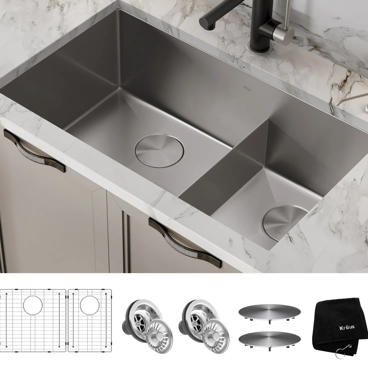 KRAUS Standart PRO 32" 16 Gauge Undermount 60/40 Low Divider Double Bowl Stainless Steel Kitchen Sink