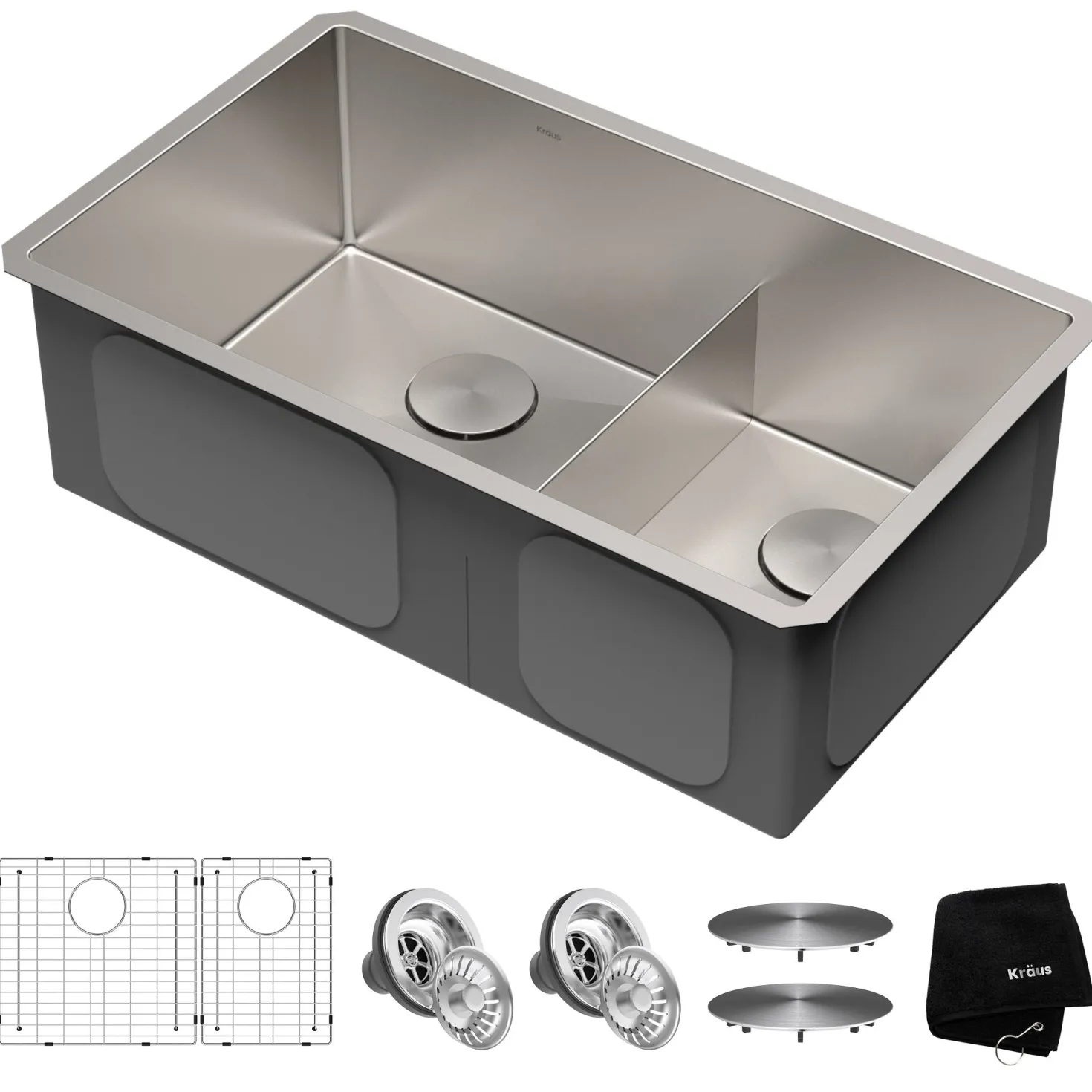 KRAUS Standart PRO 32" 16 Gauge Undermount 60/40 Low Divider Double Bowl Stainless Steel Kitchen Sink