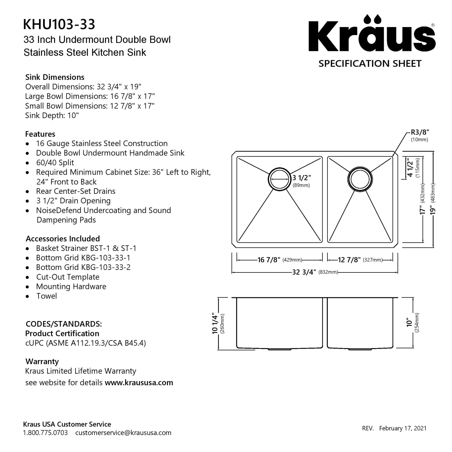 KRAUS Standart PRO 33" Undermount 60/40 Double Bowl Stainless Steel Kitchen Sink