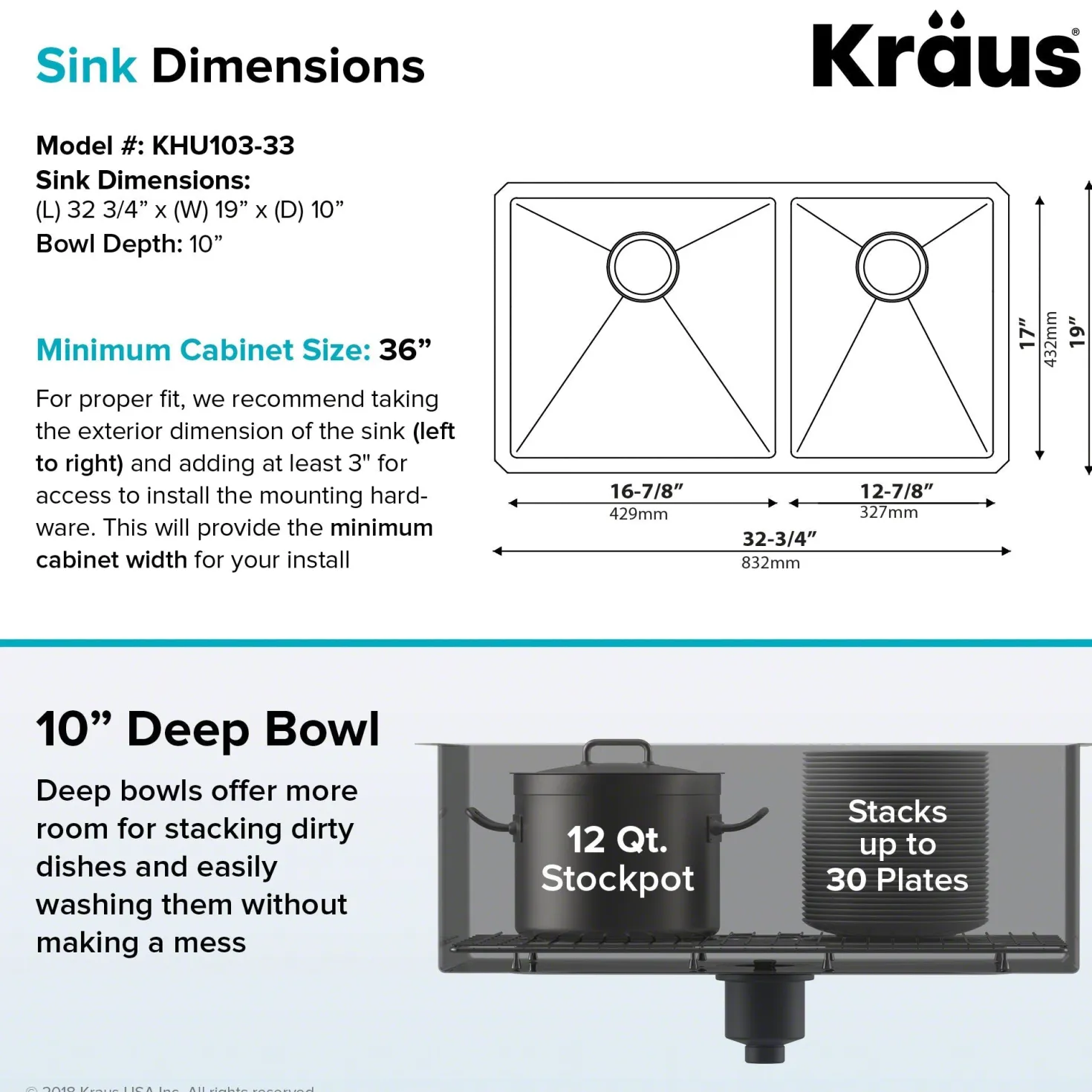 KRAUS Standart PRO 33" Undermount 60/40 Double Bowl Stainless Steel Kitchen Sink
