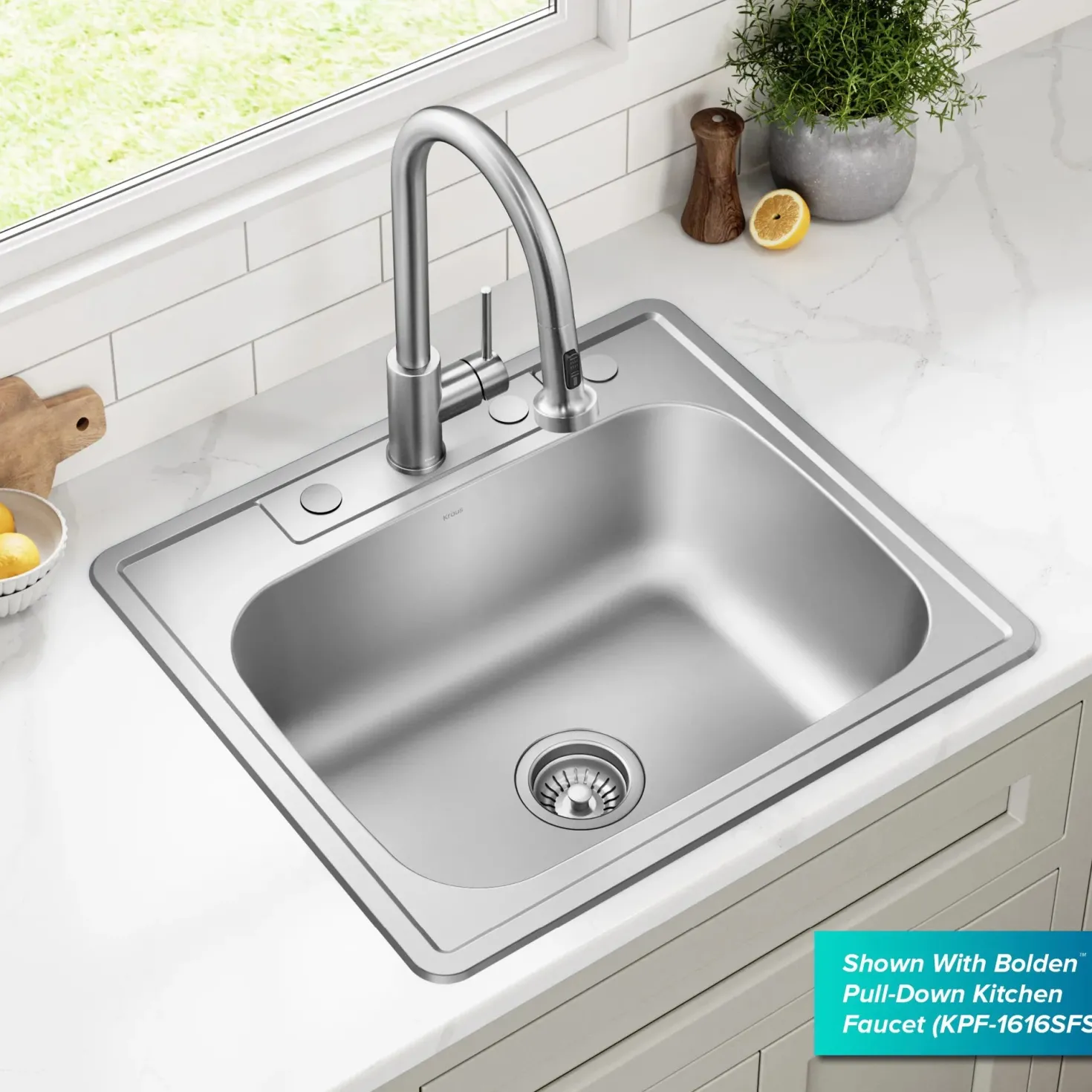 KRAUS 25" Topmount Single Bowl 18 Gauge Stainless Steel Kitchen Sink with NoiseDefend Soundproofing