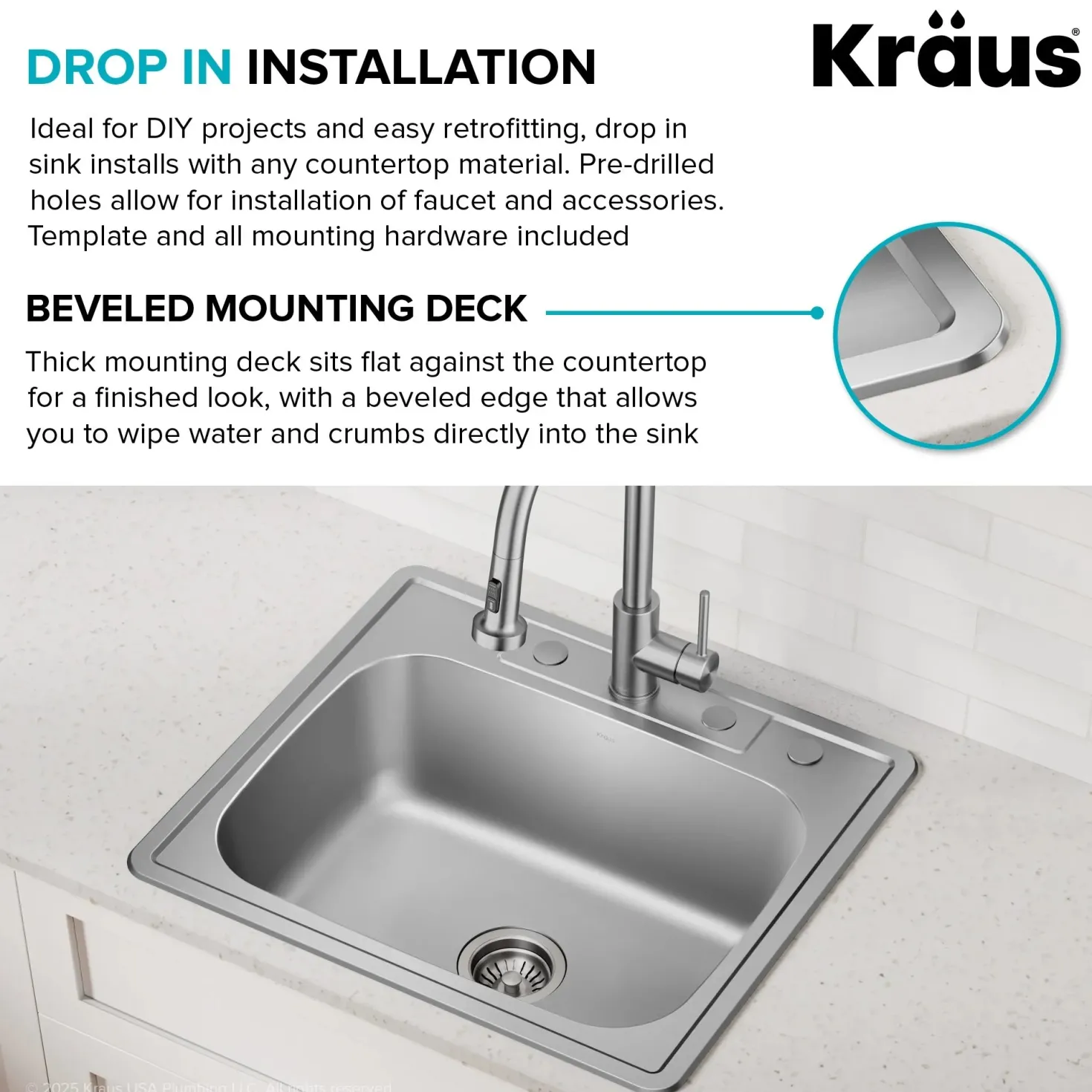 KRAUS 25" Topmount Single Bowl 18 Gauge Stainless Steel Kitchen Sink with NoiseDefend Soundproofing