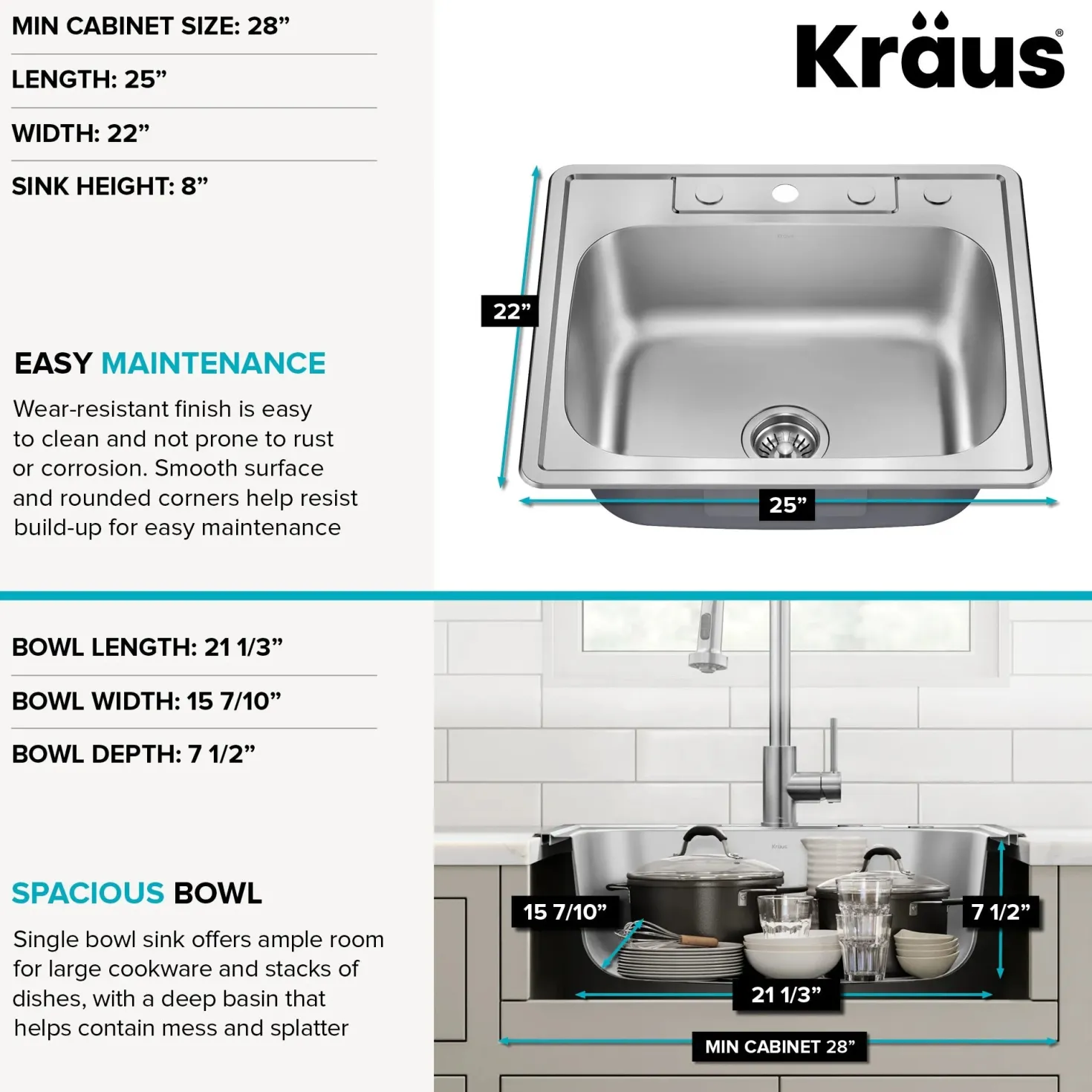 KRAUS 25" Topmount Single Bowl 18 Gauge Stainless Steel Kitchen Sink with NoiseDefend Soundproofing