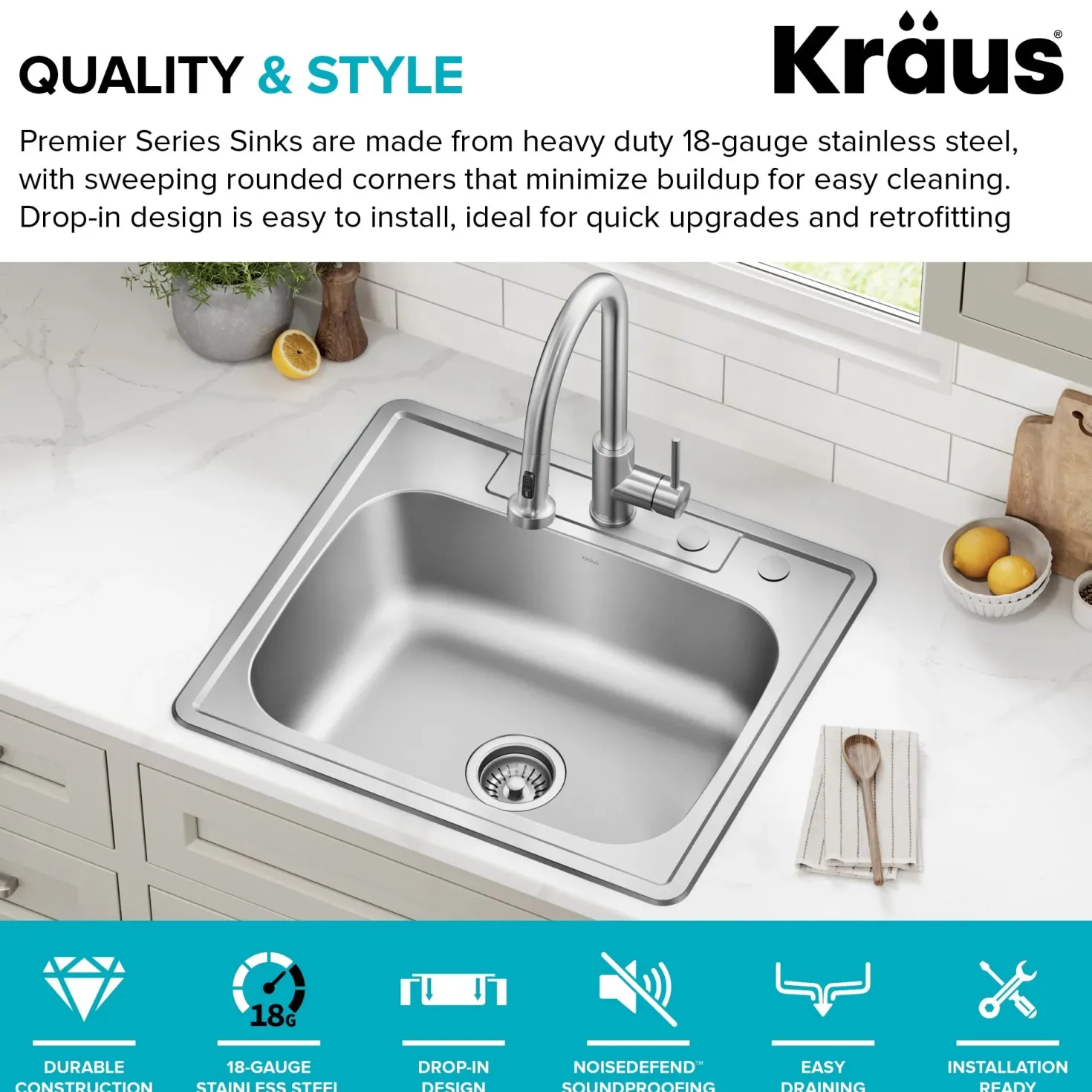 KRAUS 25" Topmount Single Bowl 18 Gauge Stainless Steel Kitchen Sink with NoiseDefend Soundproofing