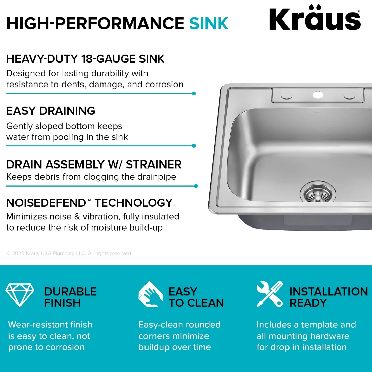 KRAUS 25" Topmount Single Bowl 18 Gauge Stainless Steel Kitchen Sink with NoiseDefend Soundproofing