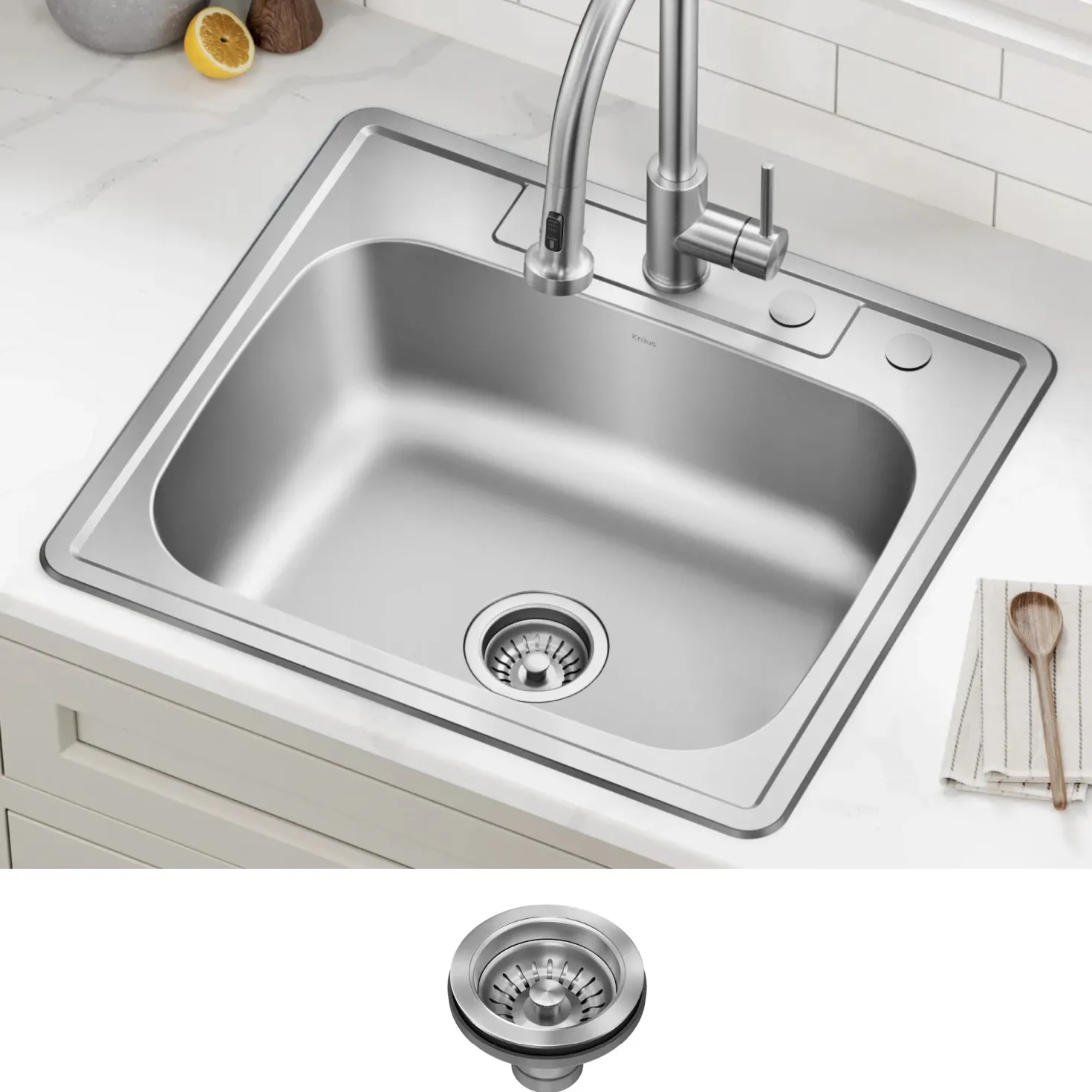 KRAUS 25" Topmount Single Bowl 18 Gauge Stainless Steel Kitchen Sink with NoiseDefend Soundproofing