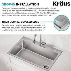KRAUS 33” Topmount Single Bowl Stainless Steel Kitchen Sink