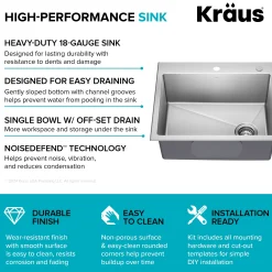 KRAUS 25” Topmount Single Bowl Stainless Steel Kitchen Sink