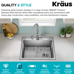 KRAUS 25” Topmount Single Bowl Stainless Steel Kitchen Sink