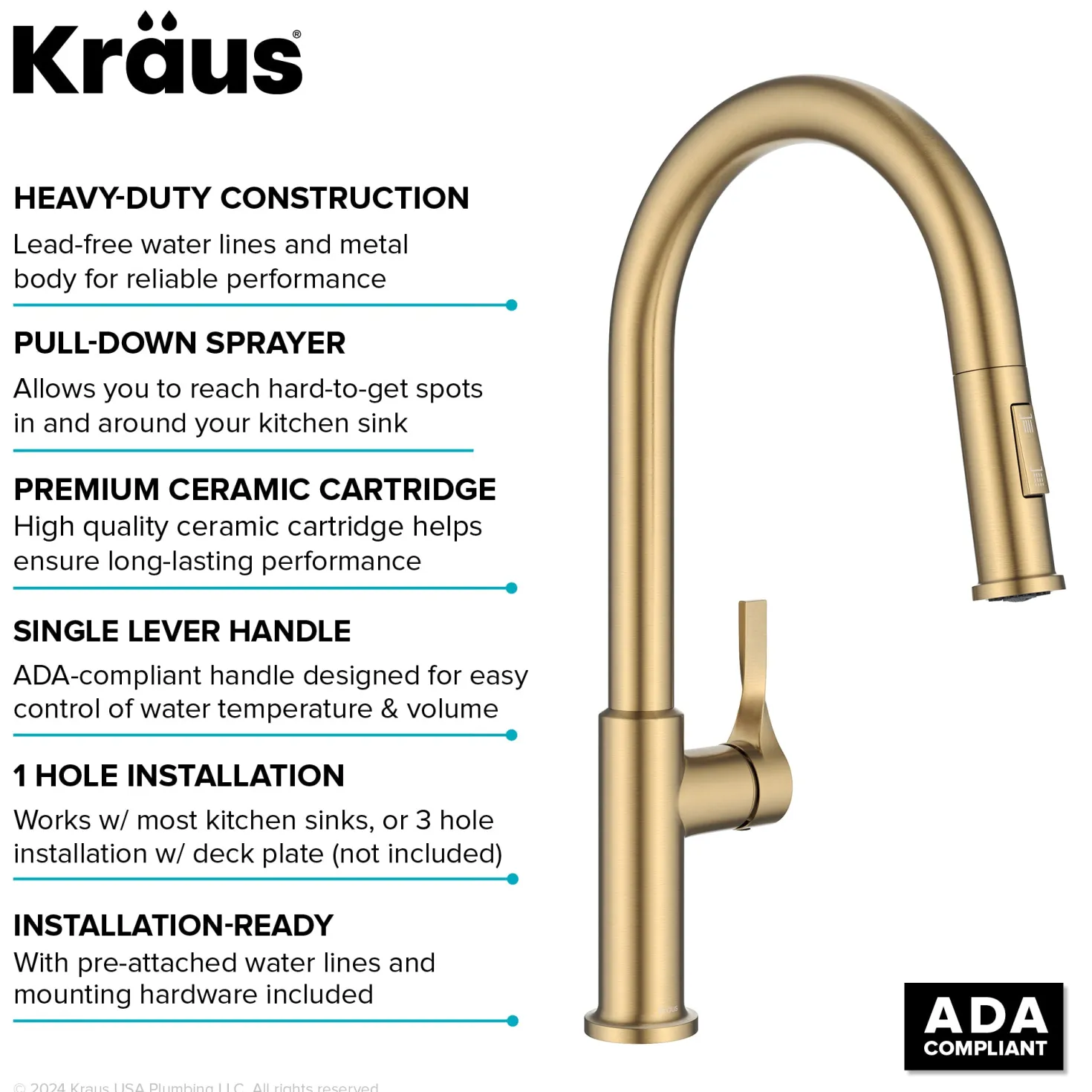KRAUS Torak Single Handle Pull Down Kitchen Faucet in Brushed Brass