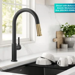 KRAUS Torak Single Handle Pull Down Kitchen Faucet in Matte Black with Brushed Brass