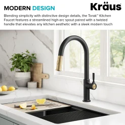 KRAUS Torak Single Handle Pull Down Kitchen Faucet in Matte Black with Brushed Brass