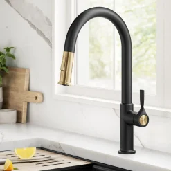 KRAUS Torak Single Handle Pull Down Kitchen Faucet in Matte Black with Brushed Brass